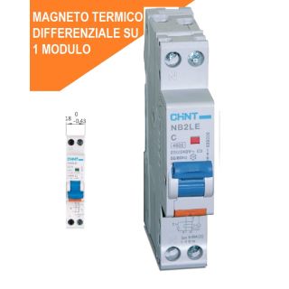 INTERRUTTORE DIFFERENZIALE 1 mod. MAGN. 10A 30mA 6kA CUR.C 1PN CHINT 689001 NB2LE