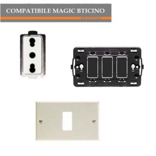 PRESA BIPASSO 5180+TELAIO+PLACCA ALLUMINIO COMPATIBILE MAGIC BTICINO.