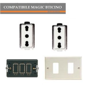 PRESA 2 PEZZI 5180+TELAIO+PLACCA ALLUMINIO COMPATIBILE MAGIC BTICINO
