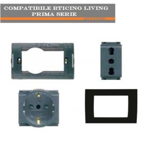 PRESA 4580+SCHUKO 4440/3+SUPPORTO+PLACCA NERA COMPATIBILE LIVING CLASSIC