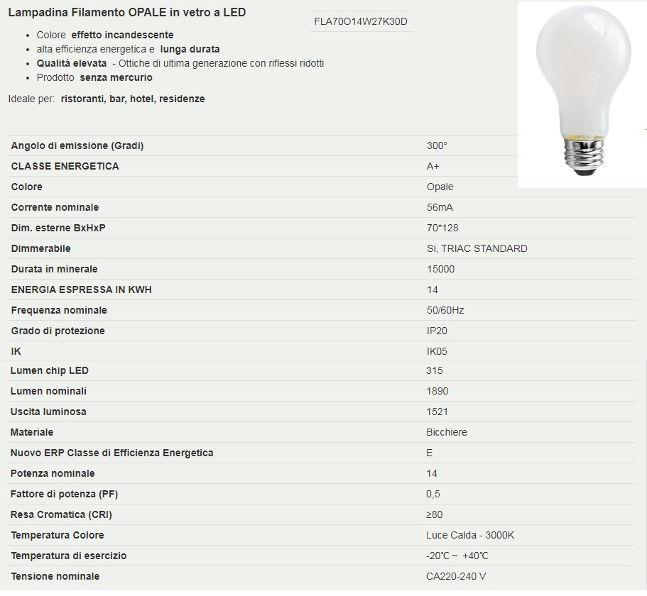 FSL Lampada Filamento OPALE Goccia - 14W 3000K E27 DIMMERABILE